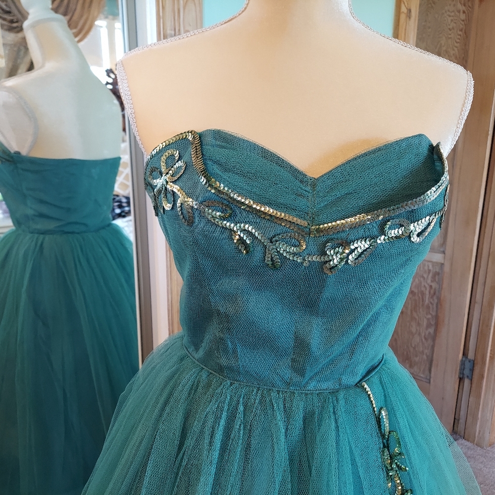 Vintage 50s Strapless Green Tulle Cupcake Dress - Picture 7 of 15